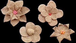 Making Easy 4 New Style Burlap Flowers  DIY Jute Craft Flowers Tutorial [upl. by Eedissac815]