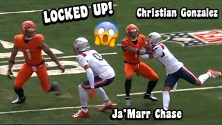 Christian Gonzalez ‘LOCKED UP’ Ja’Marr Chase 🥵 WR Vs CB Bengals Vs Patriots 2024 highlights [upl. by Shannon503]