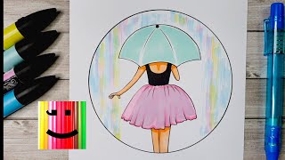 Comment dessiner une Fille avec un Parapluie de Dos  Dessin dans un Cercle Fille sous la Pluie [upl. by Annavahs]