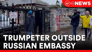 A lone trumpeter plays the Ukrainian national anthem outside the Russian Embassy in Dublin Shorts [upl. by Jacquetta]