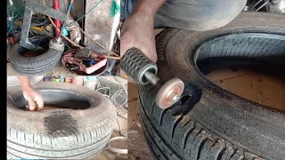 Tubeless tyre cut repair vulcanizing  Tyre puncture repair [upl. by Sinned]