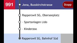 Stadtbus RapperswilJona  VZO Ansagen  991 Jona Bahnhof – Südquartier – Rapperswil Bahnhof Süd [upl. by Yeleek]