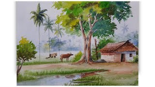 Peaceful Rural Life  Watercolor Landscape Painting with Hut and Cow [upl. by Cthrine]