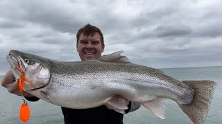 Michigan Steelhead And Atlantic Salmon Pier Fishing From Shore With Lures Favorite Arctic Spinner [upl. by Evie]