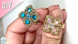 How to make a beaded ring with 4mm bicone crystals and seed beads  THE FOUR CORNERS RING [upl. by Zsazsa]