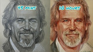 153 45mins vs 10 hours coloured pencil drawing of Jeff Bridges celebrities howtodraw [upl. by Bascio451]