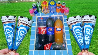 Experiment Pepsi of Fanta  Cornetto Ice cream ball Sprite Coca Cola Cola And Mentos İn The Pool [upl. by Lemieux]