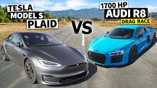 THIS vs PLAID 1700hp Twin Turbo V10 Audi R8 vs Tesla Model S Plaid unprepped airstrip Drag Race [upl. by Seko197]