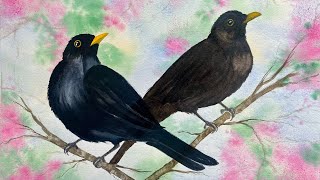 Paint Beautiful SPRING CHERRY BLOSSOM Watercolor Landscape Painting Tutorial Watercolour BLACKBIRDS [upl. by Iorgos]