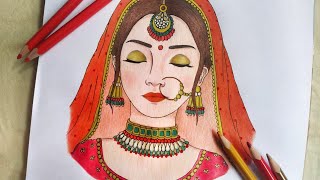 How to Draw a Beautiful Traditional Bride Girl Indian  DETAILED TUTORIAL Pencil Colour Drawing [upl. by Ridinger72]