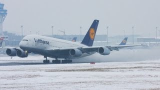 Airbus A380 Snow departure Lufthansa A 380 creating a snow storm HD [upl. by Burgener659]