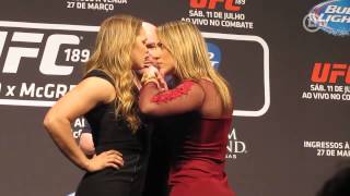 Encarada entre Ronda Rousey e Bethe Correia  Ronda Correia staredown in Brazil [upl. by Myers]