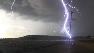 Evil storm skies then very close lightning hits power pole  west of Toowoomba QLD 22 Jan 2014 [upl. by Nomyaw]