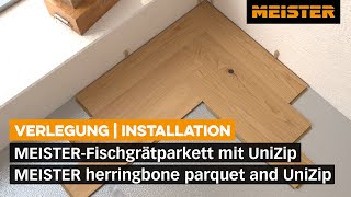 Fischgrät Parkett verlegen So einfach geht es mit MEISTERParkett und UniZip [upl. by Tjader]