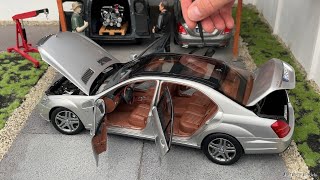 118 MercedesBenz W221 S600L SClass Iridium silver metallic  Motorhelix Unboxing [upl. by Auqinet975]