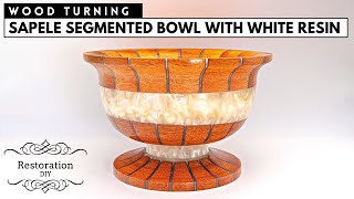 Woodturning  Sapele Segmented Bowl with White Resin  Restoration DIY [upl. by Arec727]