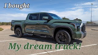 My new 2023 Toyota Tundra limited Crewmax TRD Offroad in Army green  Detailed reveal amp review [upl. by Specht594]