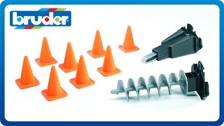 Bruder Toys Accessories Mini Excavators Hyrolic Hammer Auger Pylons 02408 [upl. by Canon]