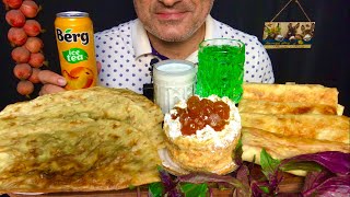 Street Food in Azerbaijan 🇦🇿 Gutabs with Herbs🌿 amp Cheese 🧀 Pancakes with Kolbassa  ASMR  MUKBANG [upl. by Euqinna]