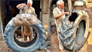 A Complementary Method Repairing Big Tractor Tire Using Aluminium Mold  90 Year Old Asian Method [upl. by Ykcim]