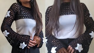 How to Crochet fishnet star shrug🤍 flare or bell sleeves crochet  simple and easy steps💫 [upl. by Descombes]