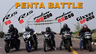 Pulsar RS200 vs Yamaha R15M vs Yamaha R15 V3 vs Suzuki Gixxer SF 250 vs Pulsar NS200 Drag Race [upl. by Nnylyar]