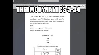 Thermodynamics 534 Air at 80 kPa and 127°C enters an adiabatic diffuser steadily at a rate of 6000 [upl. by Erlene]