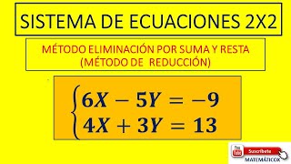 734 SISTEMA DE ECUACIONES 2X2 MÉTODO ELIMINACIÓN POR SUMA Y RESTA M REDUCCIÓN 𝟔𝑿−𝟓𝒀−𝟗 𝟒𝑿𝟑𝒀𝟏𝟑 [upl. by Adnertal233]