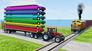 Double Flatbed Trailer Truck vs Speedbumps Train vs Cars  Tractor vs Train BeamngDrive 050 [upl. by Aneelas]