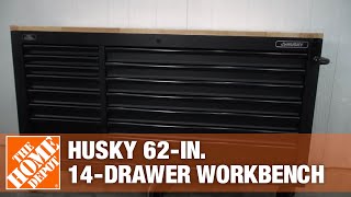 Husky 62 in 14Drawer Mobile Workbench with AdjustableHeight Solid Wood Top  The Home Depot [upl. by Nnyliram5]