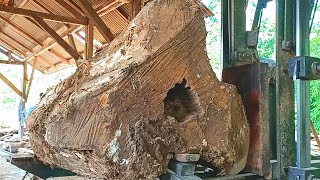 sawing old hollow teak tree trunks into beautiful full grain planks at the sawmill [upl. by Nairot811]