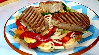 Stir Fry Nooddles with Grilled Tuna Steak Udon Thin Noodles Tuna Steak  Manila London Life in UK [upl. by Ofella]