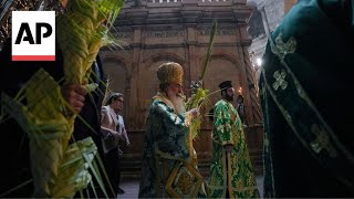 GreekOrthodox Patriarch of Jerusalem leads Orthodox Palm Sunday procession [upl. by Nosittam]