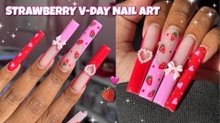 XXL STRAWBERRY VALENTINES DAY NAILS 💗🍓  BEGINNER ACRYLIC APPLICATION  2CUTE NAIL SUPPLY [upl. by Ahsimot]