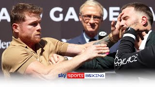 HEATED Canelo Alvarez amp Caleb Plant trade punches at prefight press conference 😡 [upl. by Pontias]