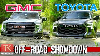 2023 Toyota Tundra TRD Pro vs GMC Sierra AT4X AEV  Mud Rocks amp Water will Decide Which is Better [upl. by Bilicki]