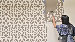 How to Stencil an Accent Wall in Only 1 Hour Painting a Wallpaper Pattern with Wall Stencils [upl. by Pilloff674]