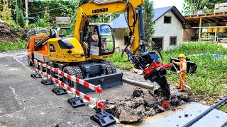 Road repair Liebherr A918 compact RC excavator Rototilt R4 Mercedes sprinter RC scale models [upl. by Dulcinea]