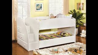 Merritt white finish wood Twin over twin short style bunk bed with pull out trundle bed on bottom [upl. by Akemehc782]