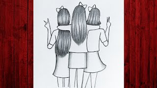 Three Best Friends  how to draw Three Best Friends for beginners  Girls drawing  Easy drawing [upl. by Atiekal]