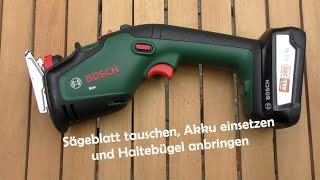 Bosch Keo  Sägeblatt wechseln Akku tauschen und Haltebügel anbringen [upl. by Kellby]