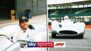 Lewis Hamilton drives Juan Manuel Fangios W196 around Silverstone [upl. by Ankney364]