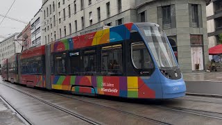 Tram Bahnen am Karlsplatz Stachus mit 200 Jahre Sparkasse Avenio und Tram West Tangente Avenio [upl. by Cassey]