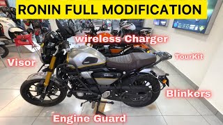 TVS RONIN 225 Modification  Wireless Charger Visor Engine guard Fog Lights LED Blinkers [upl. by Notsecnirp]