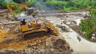 AMAZING New Project Excellent Skills Dump Trucks Unloading And Dozer Push the soil through the canal [upl. by Ahsenit]