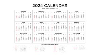 Free Year 2024 Calendar Printable with Holidays  Wiki Calendar [upl. by Perseus226]