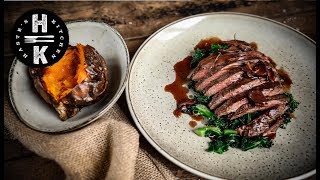 Bavette steak kale amp wild mushroom red wine jus Ad [upl. by Wurtz]