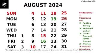 August 2024 Calendar with Holidays  India 📅 Calendar 365 📅 [upl. by Natanoj184]