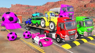 Double Flatbed Trailer Truck vs Speedbumps Train vs Cars  Tractor vs Train BeamngDrive 06 [upl. by Annocahs991]