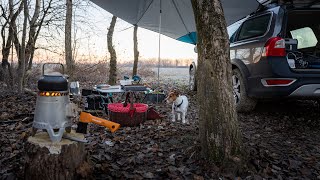 Winter car camping solo with my dog 6°C  Volvo XC70 campfire wood stove [upl. by Maggs270]